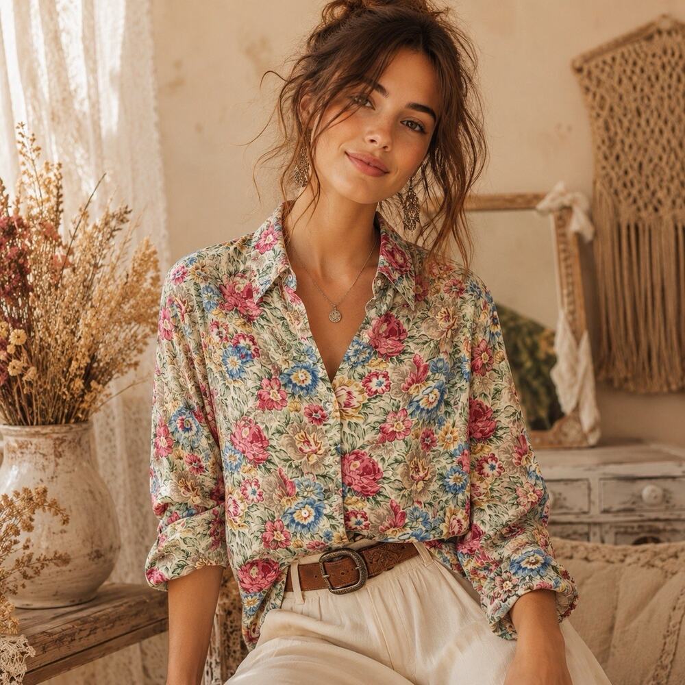Ann Taylor Vintage Button Up Blouse Floral Long Sleeve S Boho Romantic Brunch